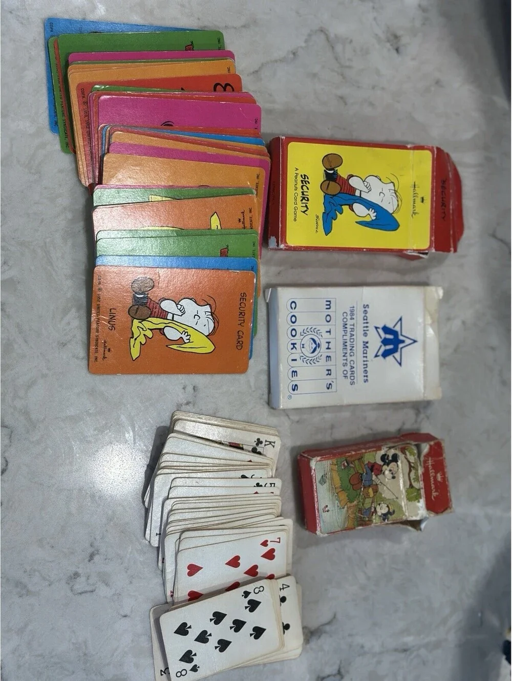 3 Vintage Cards, Seattle Mariners, Mickey Mouse Playing Cards, Peanuts Card Game